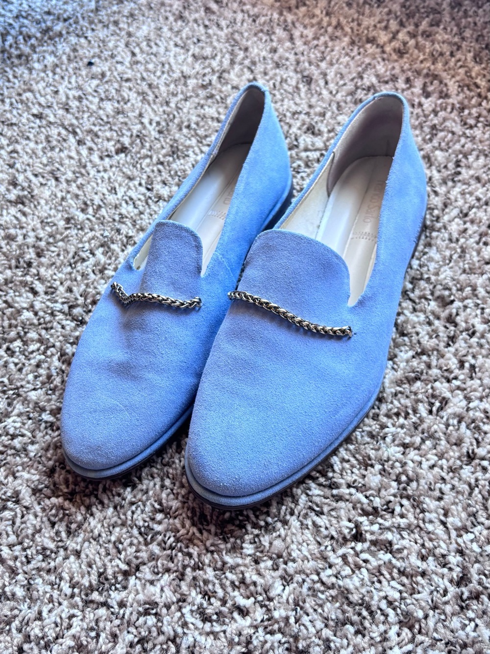 Franco Sarto Suede Slip-On Loafers in Light Blue with Chain Detail size 10M